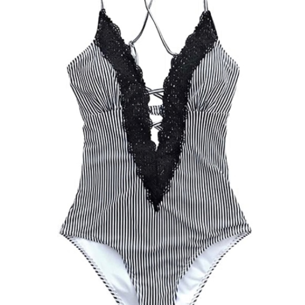 Black and White Striped Lace-Up Swimsuit